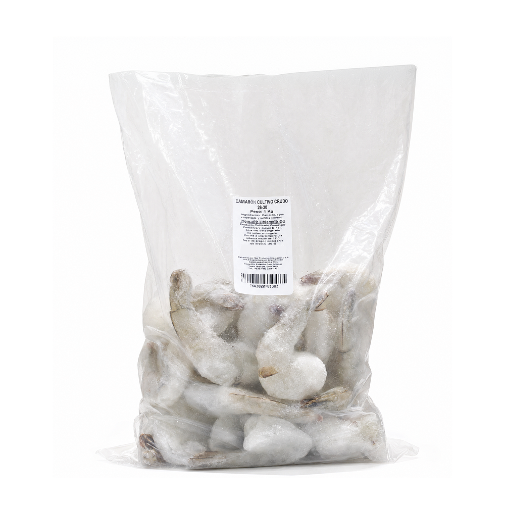 Empaque de Camarón Cultivo Crudo Mar Profundo talla 26-30, 1 kg